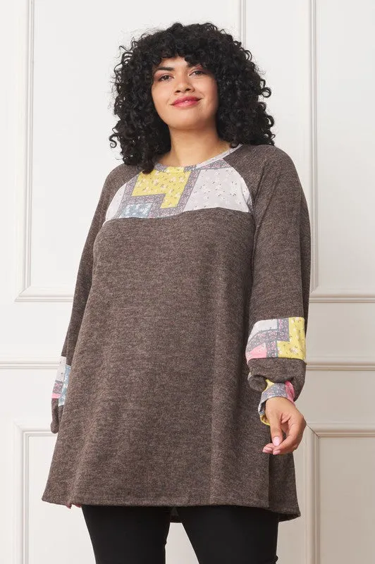 Plus Size Patchwork Panel Accent A-Line Tunic