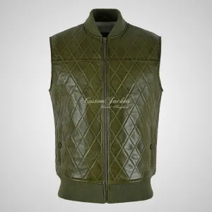 PRIME Olive Green Leather Gilet: Bomber Style, Quilted Body