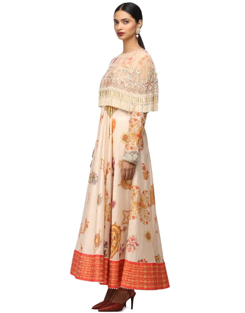 Printed Cape with Handcrafted Embroidery- Ivory