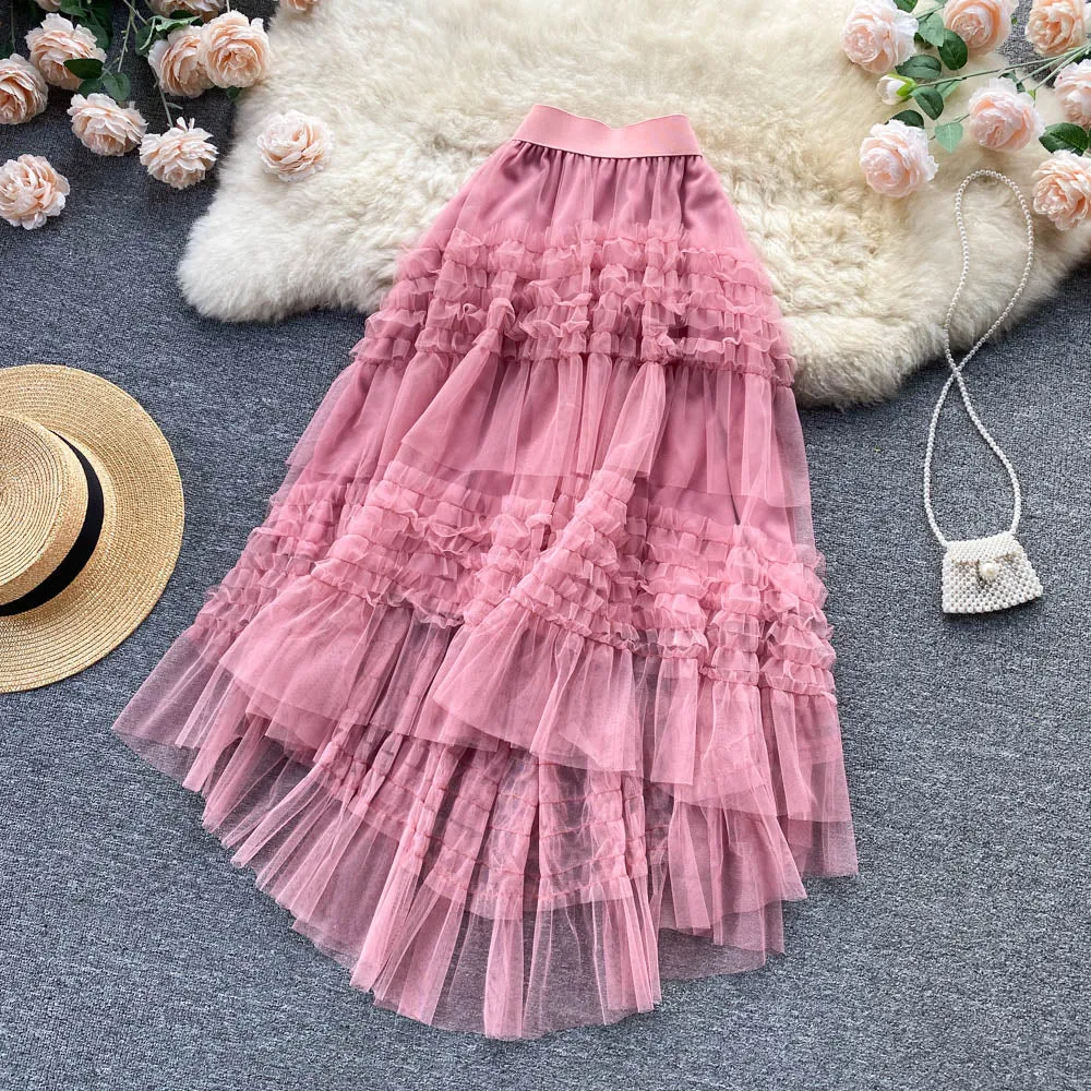 Ruffled Mesh Irregular Layered Skirt