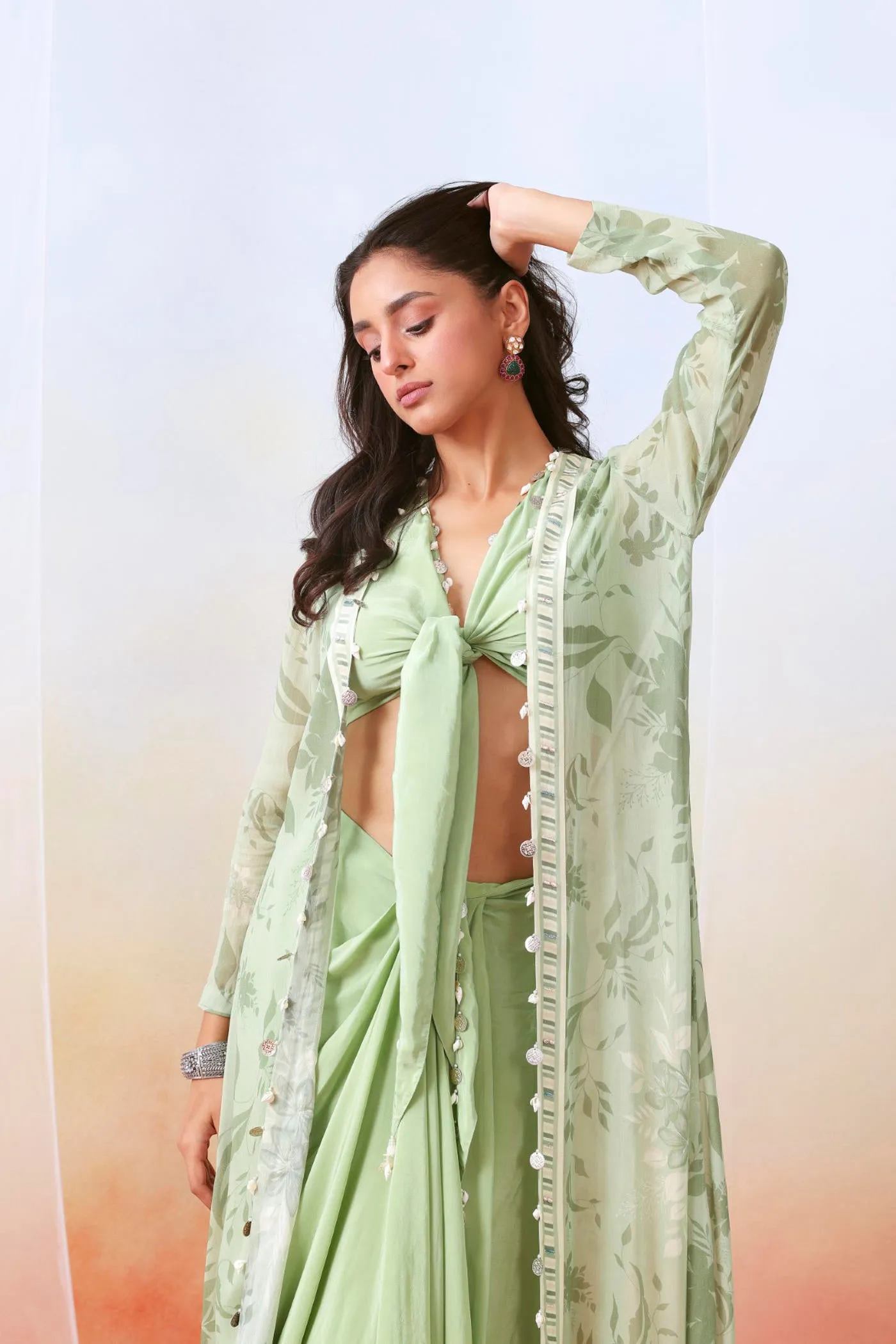 Sage green drape skirt set with printed cape jacket