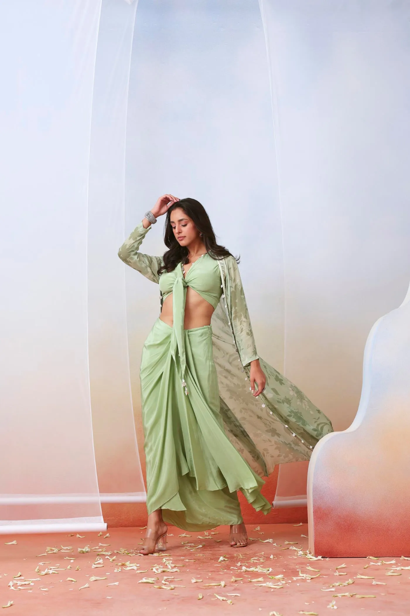 Sage green drape skirt set with printed cape jacket