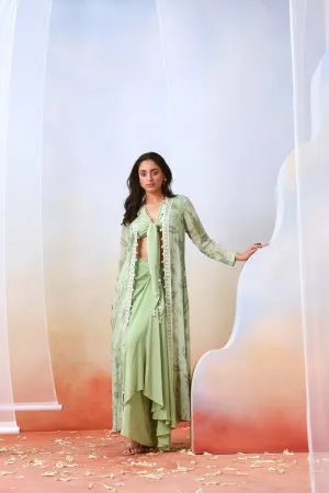 Sage green drape skirt set with printed cape jacket