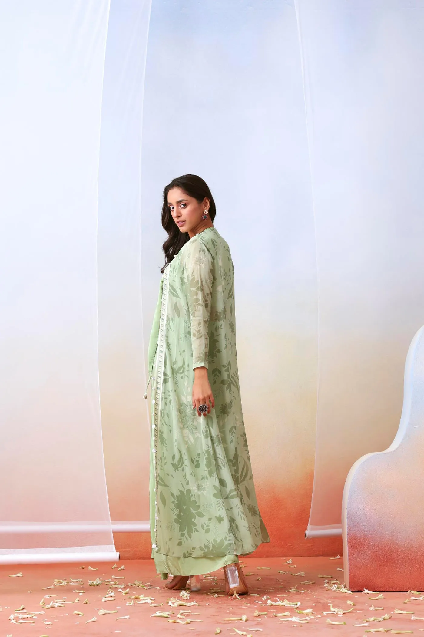 Sage green drape skirt set with printed cape jacket