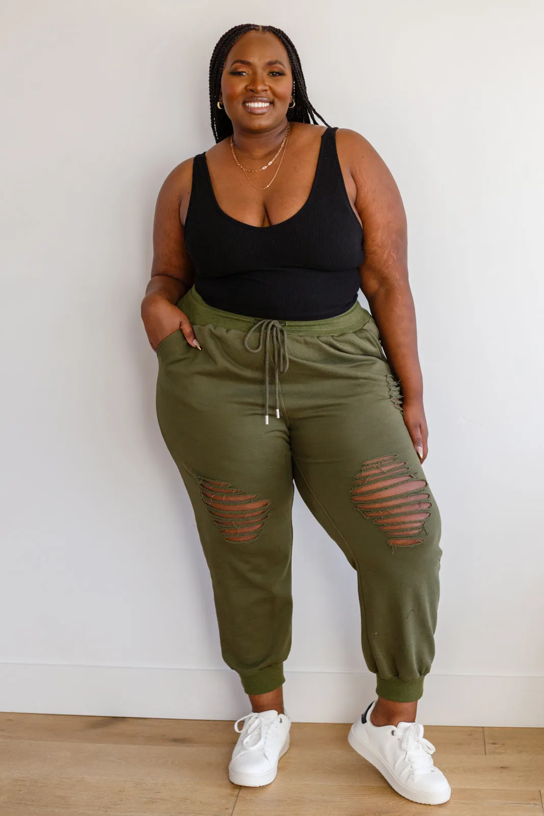 She Got Skills Distressed Olive Green Joggers