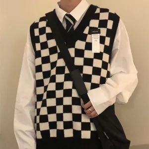 Voguable New Autumn Arctic Velvet Checkerboard Pattern Men's Sweater Vest Retro V-neck Sleeveless Knit Vest Woolen Korean Clothes