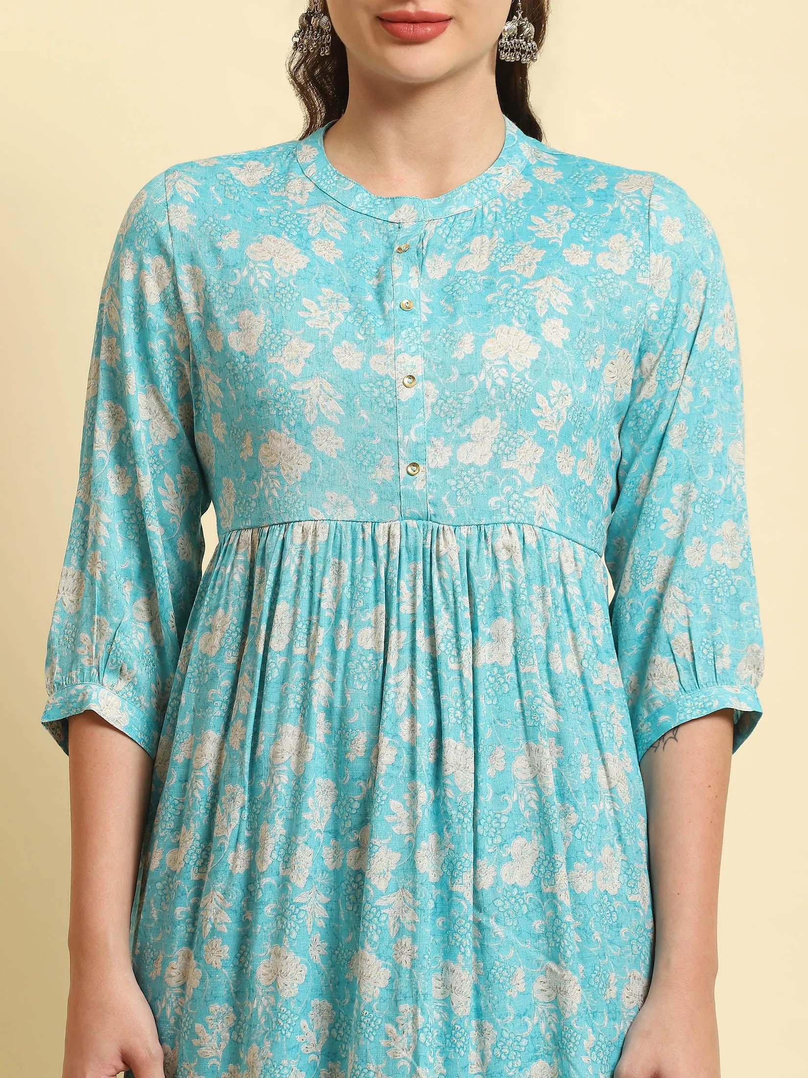 Women Sky Blue Floral Printed Tunic