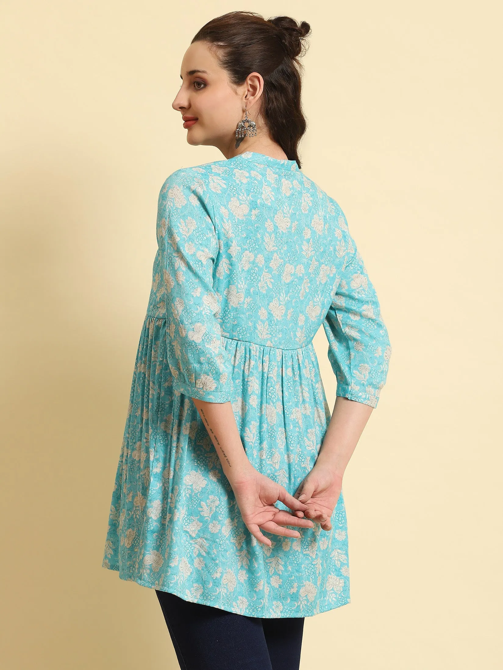 Women Sky Blue Floral Printed Tunic