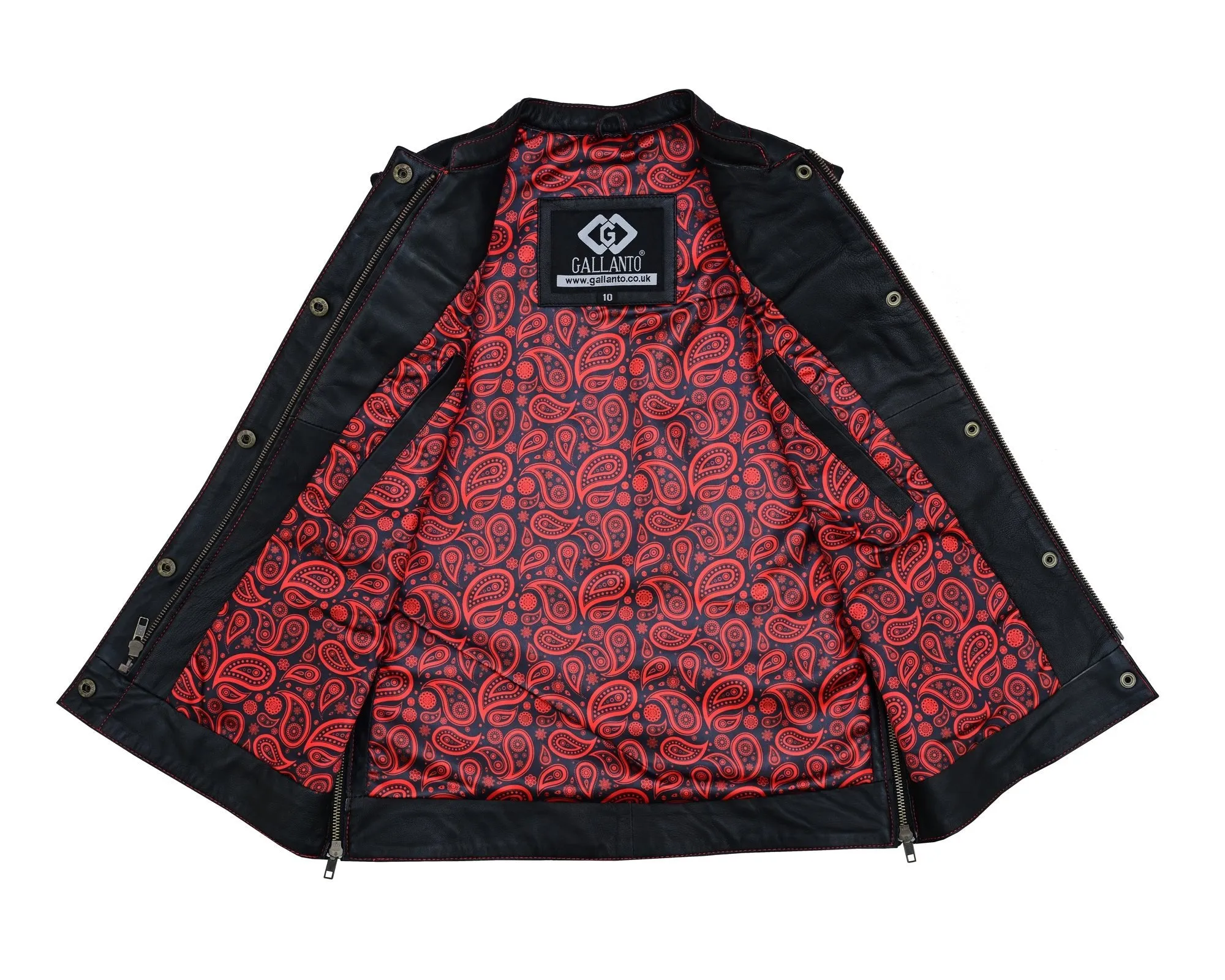 Womens Black Leather Biker Vest with Hearts and Red Stitching